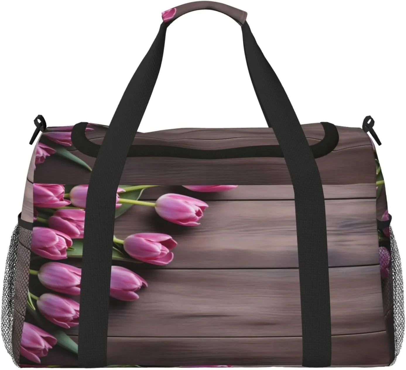 Travel Duffel Bag For Men Women, Purple Tulips Wooden Board Carry On Sport Gym Bag With Shoulder Strap Lightweight Waterproof Weekender Bag Overnight Bag