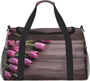 Travel Duffel Bag For Men Women, Purple Tulips Wooden Board Carry On Sport Gym Bag With Shoulder Strap Lightweight Waterproof Weekender Bag Overnight Bag