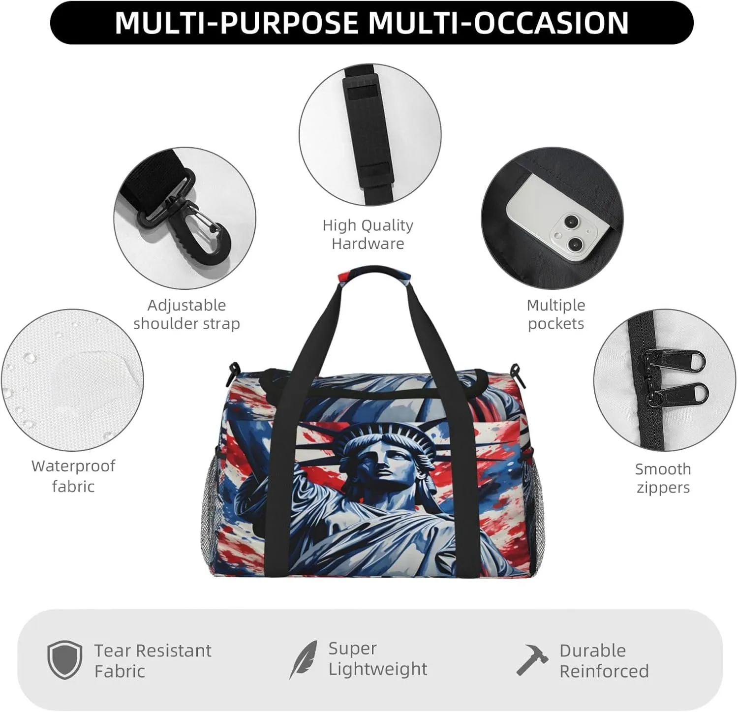 Travel Duffel Bag For Men Women, Statue Of Liberty Usa Carry On Sport Gym Bag With Shoulder Strap Lightweight Waterproof Weekender Bag Overnight Bag