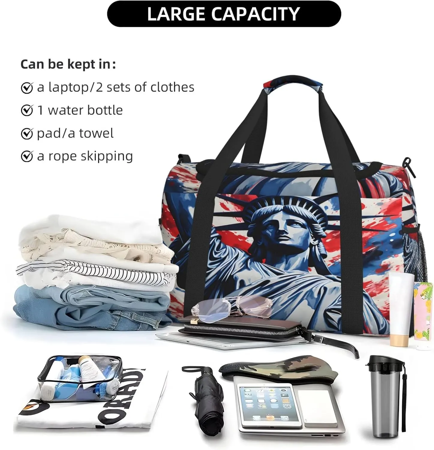 Travel Duffel Bag For Men Women, Statue Of Liberty Usa Carry On Sport Gym Bag With Shoulder Strap Lightweight Waterproof Weekender Bag Overnight Bag
