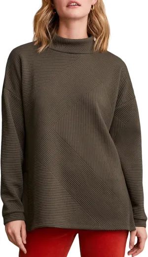 Tribal Women's Mock Neck Long Sleeve Quilted Knit Tunic with Side Slits