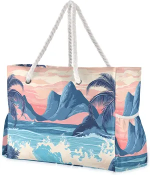 Tropical Sunset Coast Beach Tote Bag - Waterproof Travel Bag with PVC Compartment, Oversized Pool Tote for Vacation Essentials, Vintage Nylon Beach Accessory for Multipurpose Storage