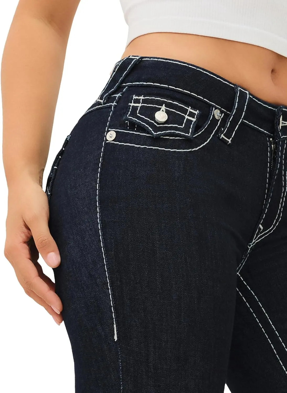True Religion Women's Becca Mid Rise Bootcut Flap Big T Stitching Jeans for Women - Body Rinse