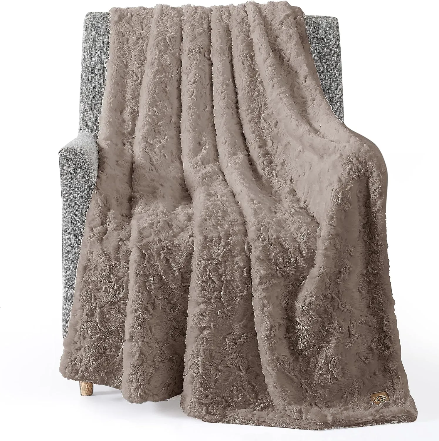 UGG Adalee Faux Fur Throw Blanket Luxury Lightweight Cozy Soft Throw for Couch Bed or Chair Hypoallergenic Machine Washable Double-Sided Fluffy Blanket Home Decor, 50-inch x 70-inch, Oyster Brown