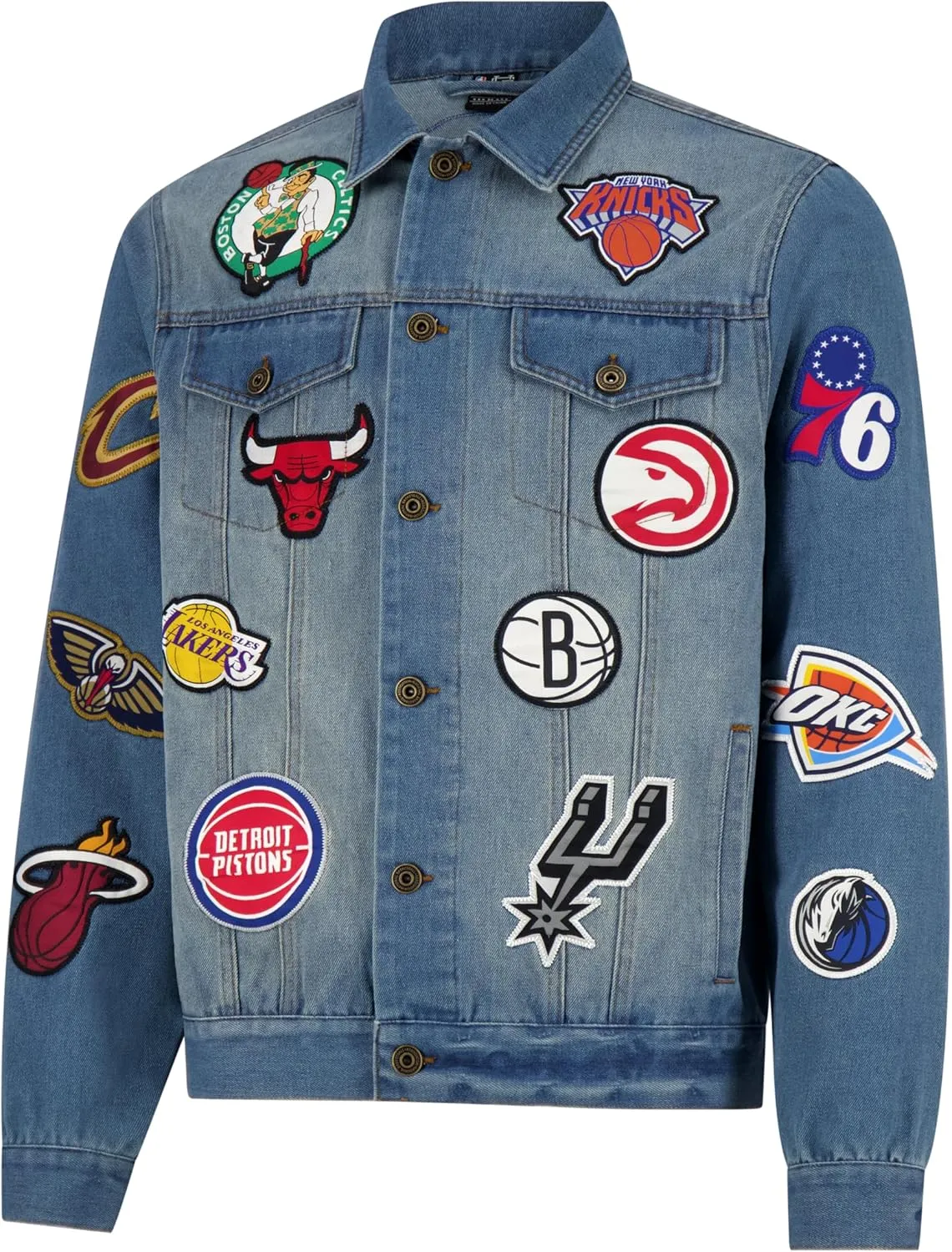 Ultra Game Men's NBA Official Distressed Multi-Team Denim Patch Jean Jacket