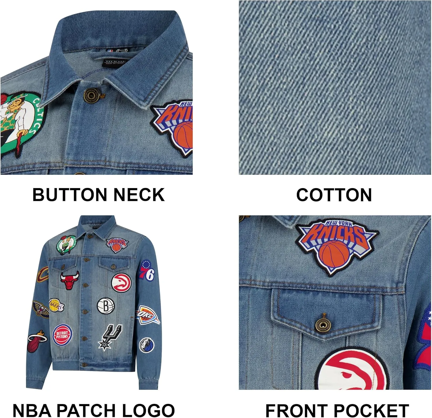 Ultra Game Men's NBA Official Distressed Multi-Team Denim Patch Jean Jacket