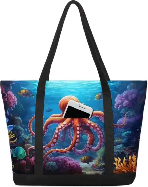 Undersea Octopus Tote Bag for Women Work Canvas Travel Tote Bags with Zipper Large Capacity Casual Handbag with Inner Pockets Reusable Shopping Shoulder Bag for Teacher Nurse