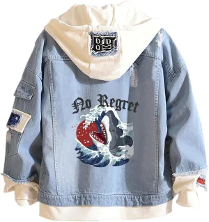 Unisex False Two Pieces Denim Jacket Fashion Denim Hoodies Coats Button Down Hoodie for Teen Adult
