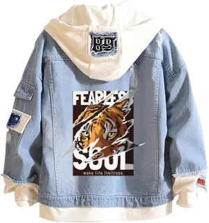 Unisex False Two Pieces Denim Jacket Fashion Denim Hoodies Coats Button Down Hoodie for Teen Adult