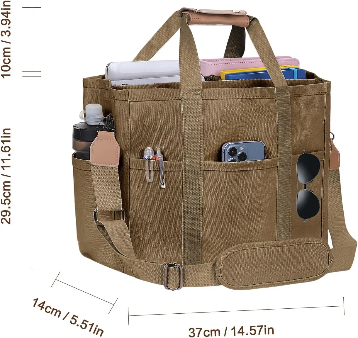 Utility Large Canvas Tote Bag with 13 Pockets Compartments, Multi Crossbody Tote Bag Work Shoulder Bag Travel Bag