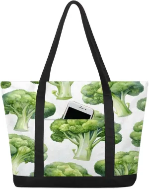 Vegetables Broccoli Tote Bag for Women Work Canvas Travel Tote Bags with Zipper Large Capacity Casual Handbag with Inner Pockets Reusable Shopping Shoulder Bag for Teacher Nurse