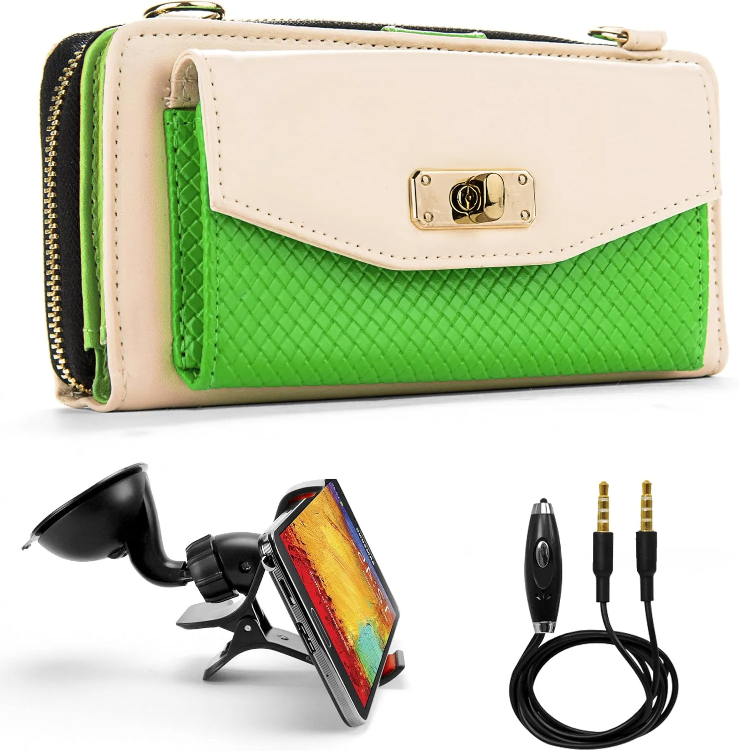 Venice Wallet Clutch Bag Carrying Case for ZTE Anthem, Avid, Blade, Concord, Director, Engage, Flash and Auxiliary Cable and Windshield Car Mount