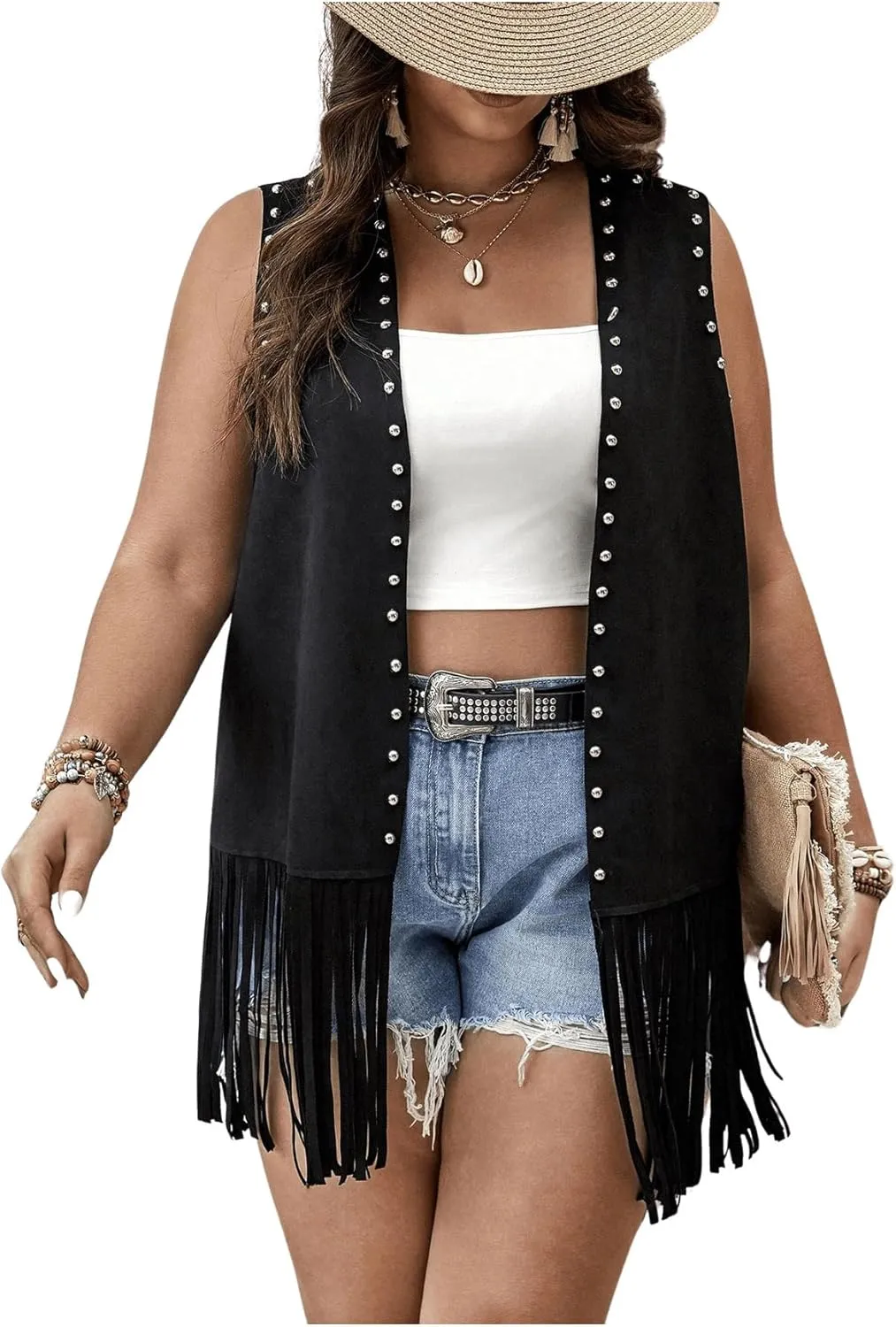 Verdusa Women's Plus Size Fringe Vest Faux Suede Rivets Sleeveless Tassel Jacket Western Cowgirl Outfits
