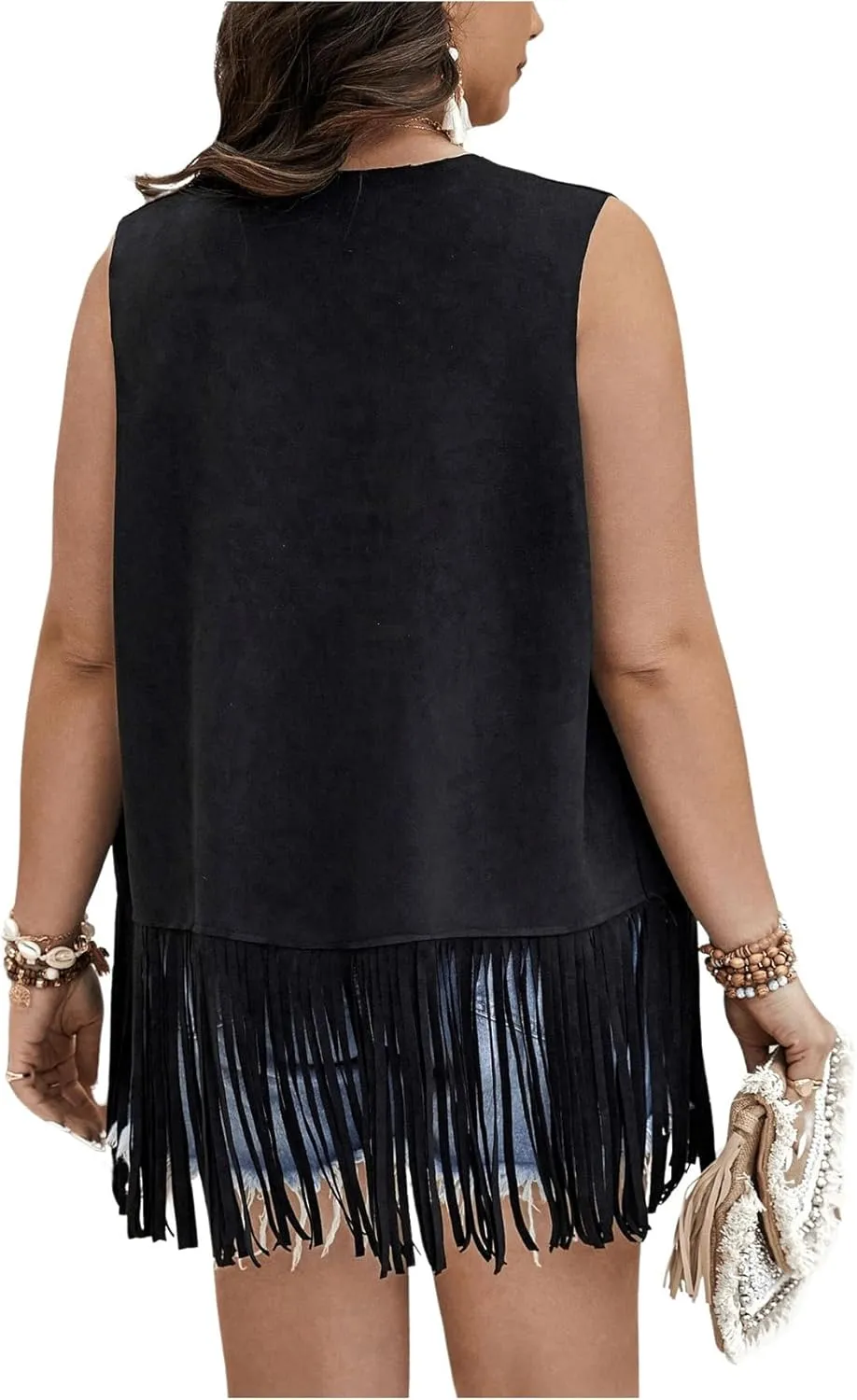 Verdusa Women's Plus Size Fringe Vest Faux Suede Rivets Sleeveless Tassel Jacket Western Cowgirl Outfits