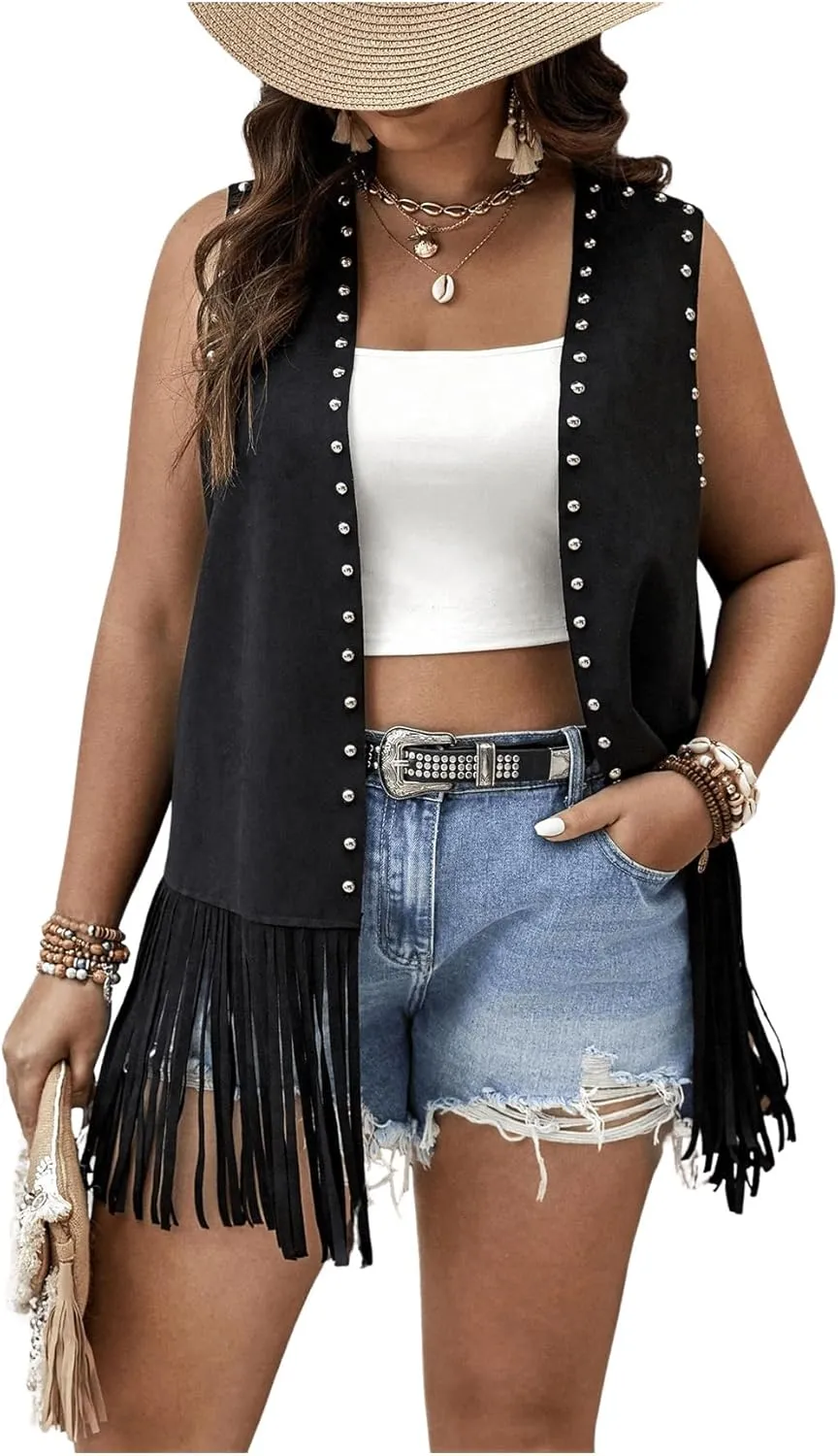Verdusa Women's Plus Size Fringe Vest Faux Suede Rivets Sleeveless Tassel Jacket Western Cowgirl Outfits