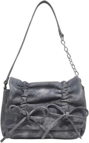 Verdusa Women's Ruched Denim Shoulder Bags Bow Handbags Purse with Chain Strap