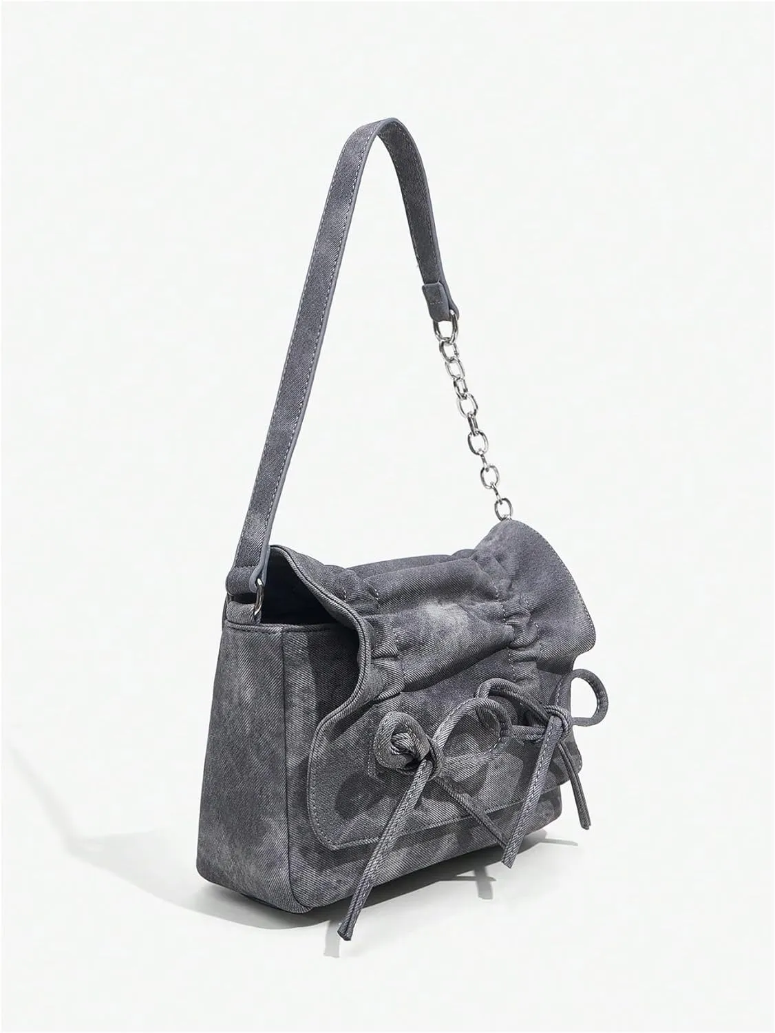 Verdusa Women's Ruched Denim Shoulder Bags Bow Handbags Purse with Chain Strap