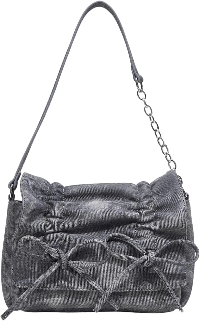 Verdusa Women's Ruched Denim Shoulder Bags Bow Handbags Purse with Chain Strap