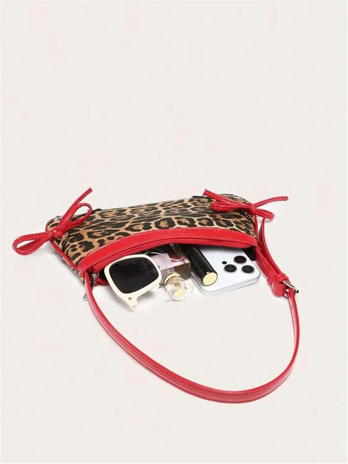 Verdusa Women's Y2K Leopard Purse Bowknot Studded Top Handle Leather Shoulder Bag
