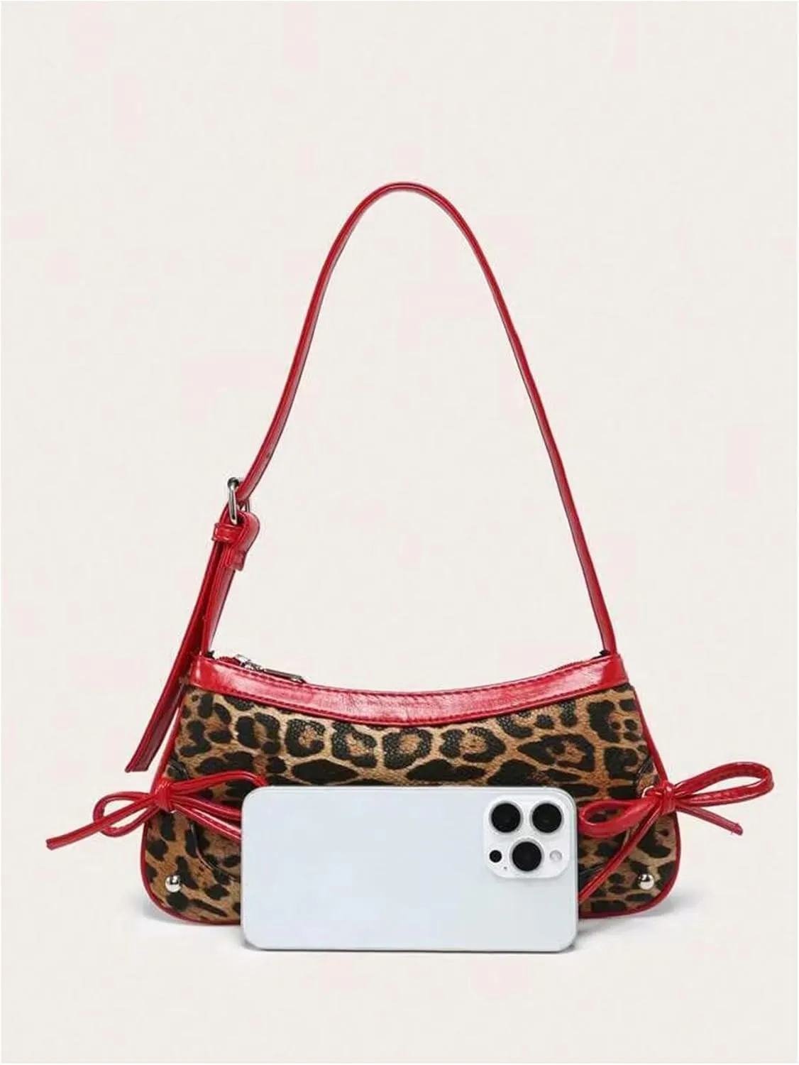 Verdusa Women's Y2K Leopard Purse Bowknot Studded Top Handle Leather Shoulder Bag
