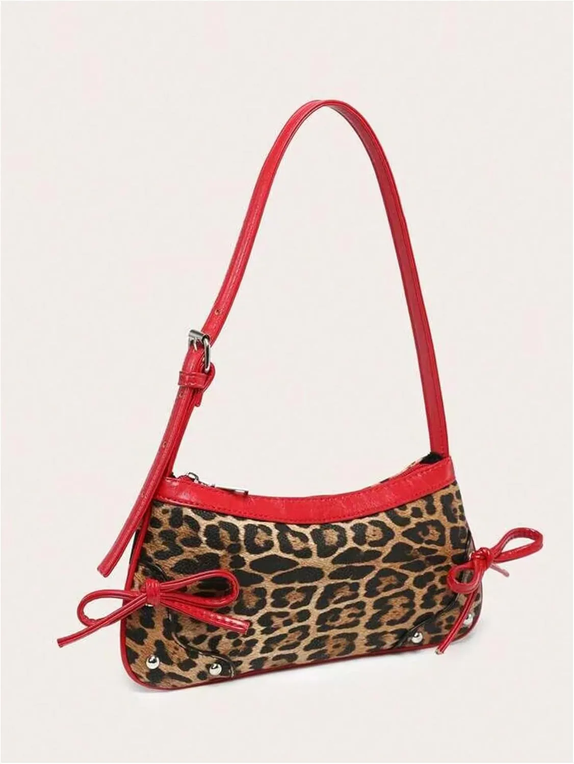Verdusa Women's Y2K Leopard Purse Bowknot Studded Top Handle Leather Shoulder Bag