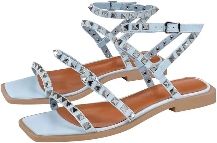 VERISSON Flat Sandals with Buckle Strap for Women Square Toe PU Leather Casual Comfortable Rivets Studded Ballerina Shoes