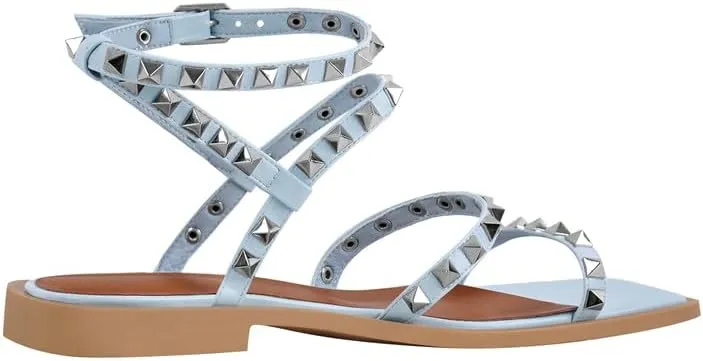 VERISSON Flat Sandals with Buckle Strap for Women Square Toe PU Leather Casual Comfortable Rivets Studded Ballerina Shoes