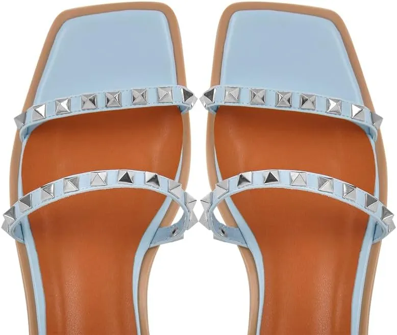 VERISSON Flat Sandals with Buckle Strap for Women Square Toe PU Leather Casual Comfortable Rivets Studded Ballerina Shoes