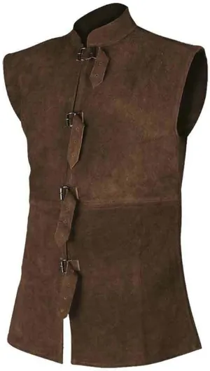 Vest for Men Button Strap-Leather Vest Retro Collar Pocket Solid Color Denim Motorcycle Stylish Armor Biker Club Vests (Brown, XXL)