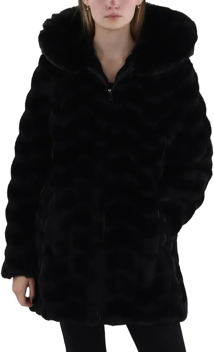 VIA SPIGA Womens Faux Fur Hooded Faux Fur Coat