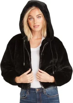 VIGOSS Women's Cropped Faux Fur Teddy Jacket with Attached Hood