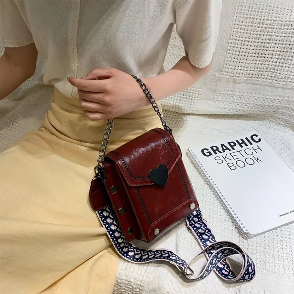 Vintage Double-deck Riveted Chain Crossbody Bag, Large Capacity Wide Strap Handbag, PU Vertical Shoulder Wallet For Women