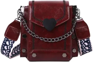 Vintage Double-deck Riveted Chain Crossbody Bag, Large Capacity Wide Strap Handbag, PU Vertical Shoulder Wallet For Women