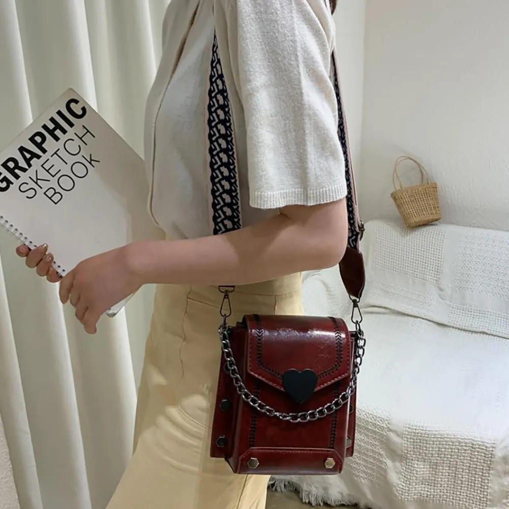 Vintage Double-deck Riveted Chain Crossbody Bag, Large Capacity Wide Strap Handbag, PU Vertical Shoulder Wallet For Women