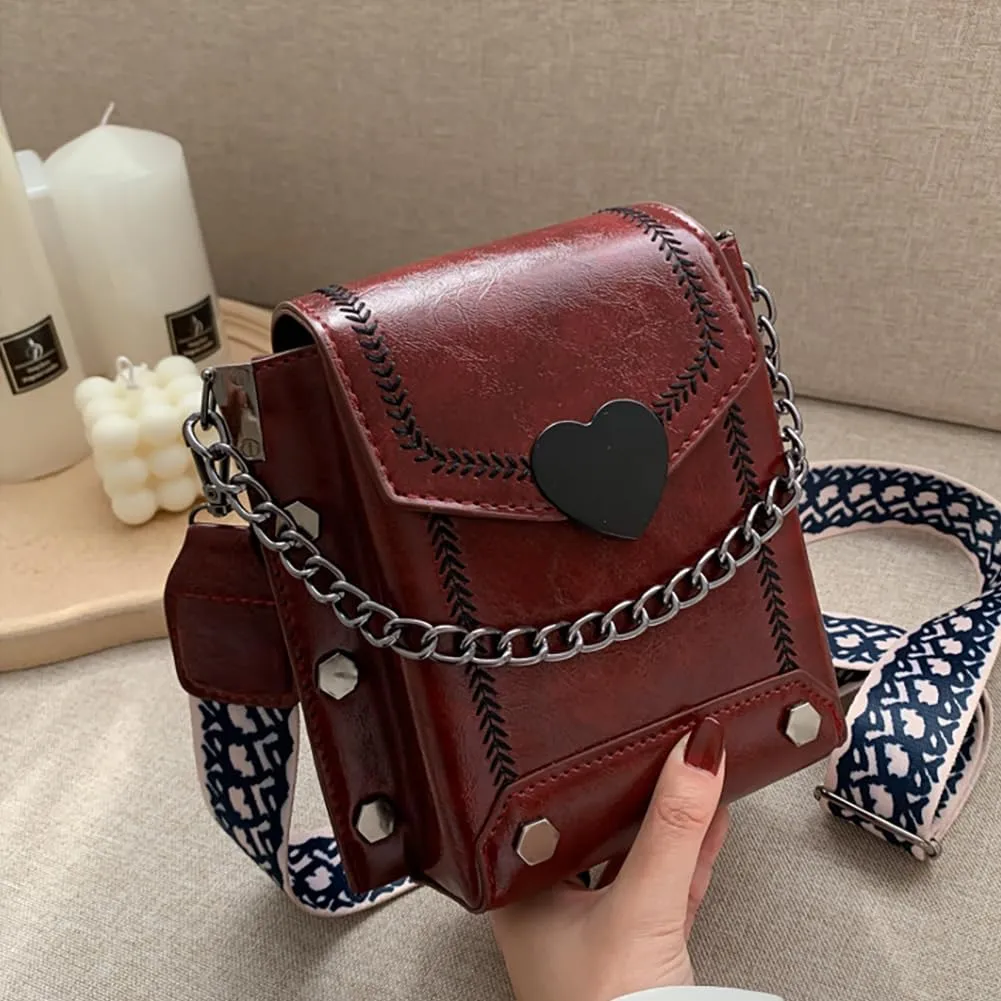 Vintage Double-deck Riveted Chain Crossbody Bag, Large Capacity Wide Strap Handbag, PU Vertical Shoulder Wallet For Women