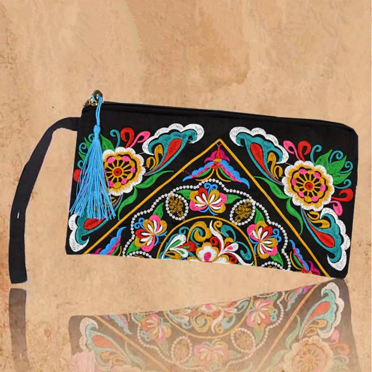 Vintage Ethnic Style Embroidered Long Wallet Wristlet Clutch Bag with Flower Fabric and Phone Pocket