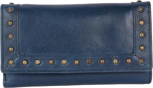 Vintage Italian Leather Boho Studded Trifold Wallet – Zipper Coin Purse & Credit Card Holder for Women (Navy)