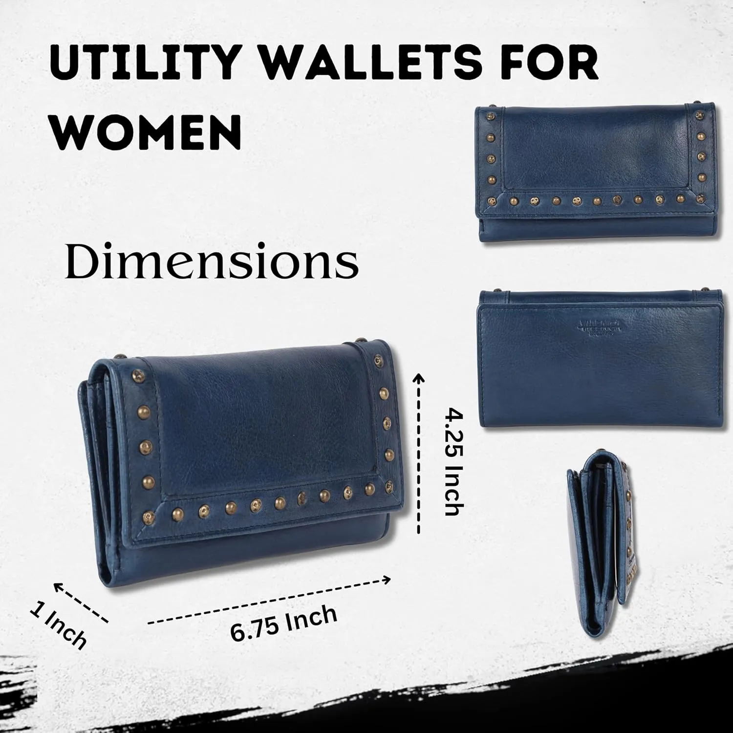 Vintage Italian Leather Boho Studded Trifold Wallet – Zipper Coin Purse & Credit Card Holder for Women (Navy)