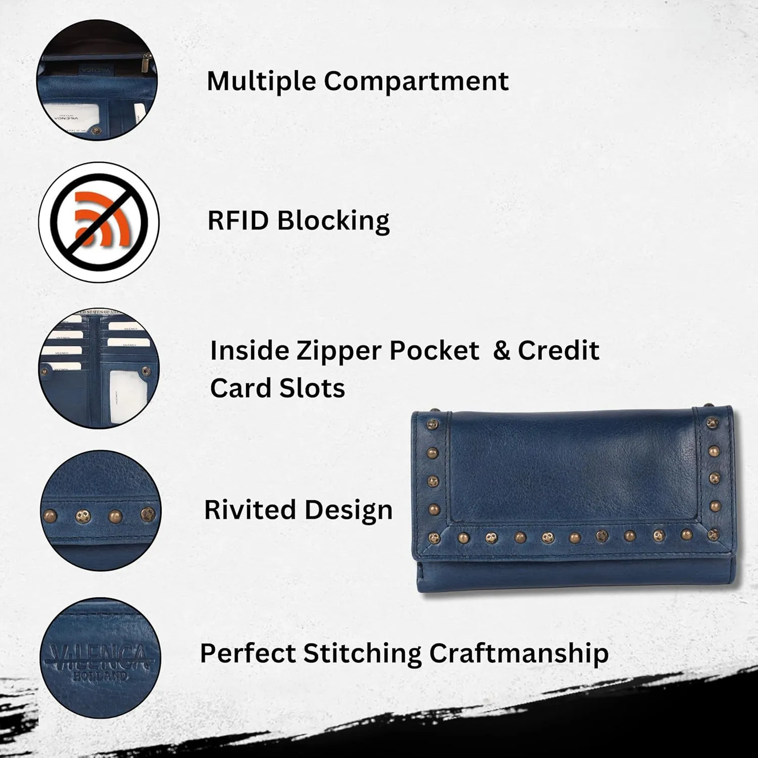 Vintage Italian Leather Boho Studded Trifold Wallet – Zipper Coin Purse & Credit Card Holder for Women (Navy)