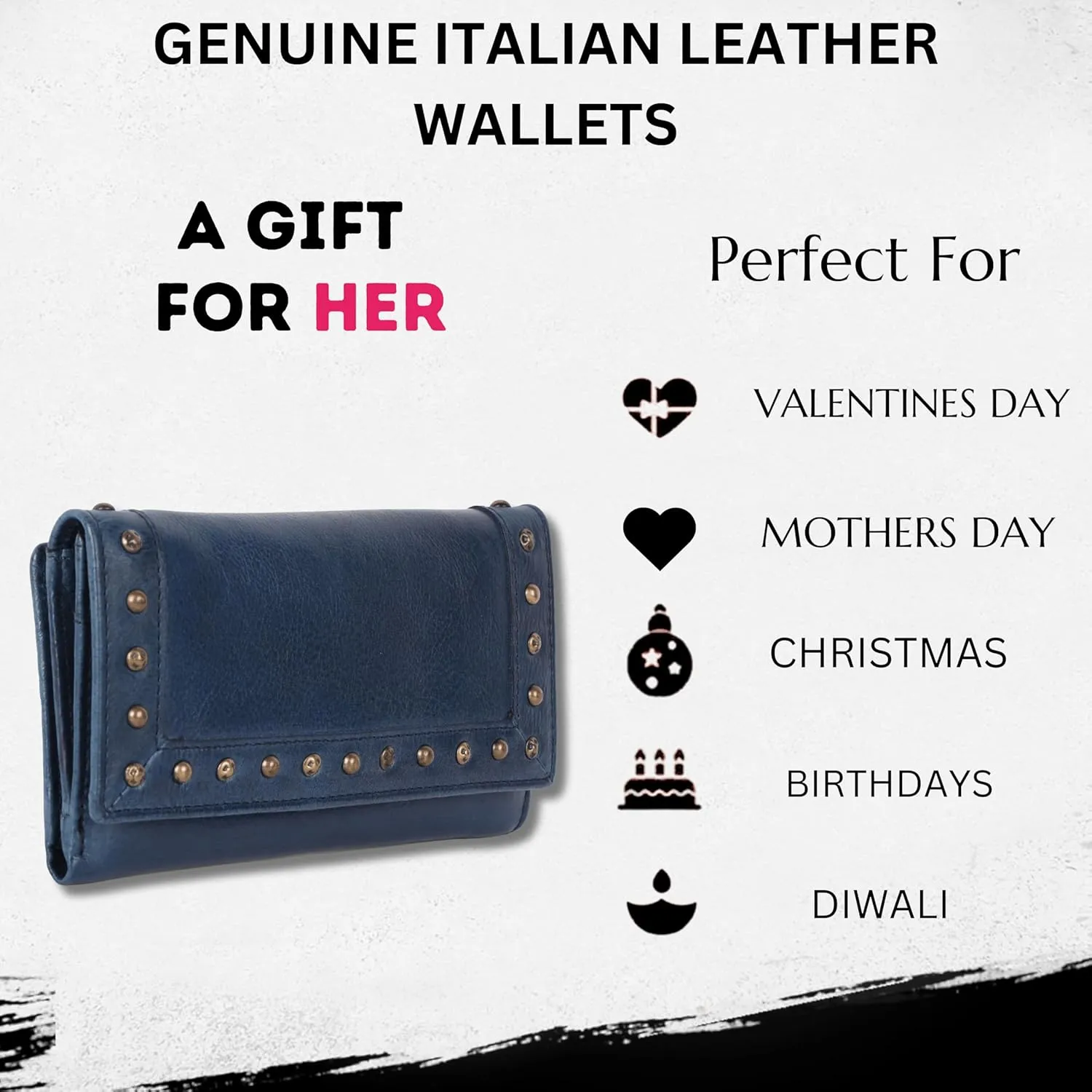 Vintage Italian Leather Boho Studded Trifold Wallet – Zipper Coin Purse & Credit Card Holder for Women (Navy)