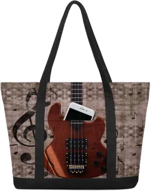 Vintage Music Guitar Tote Bag Tote Bag for Women Reusable Grocery Shopping Cloth Bags with Zipper Large Capacity Foldable Handbag Gym Bag for Gift Activity