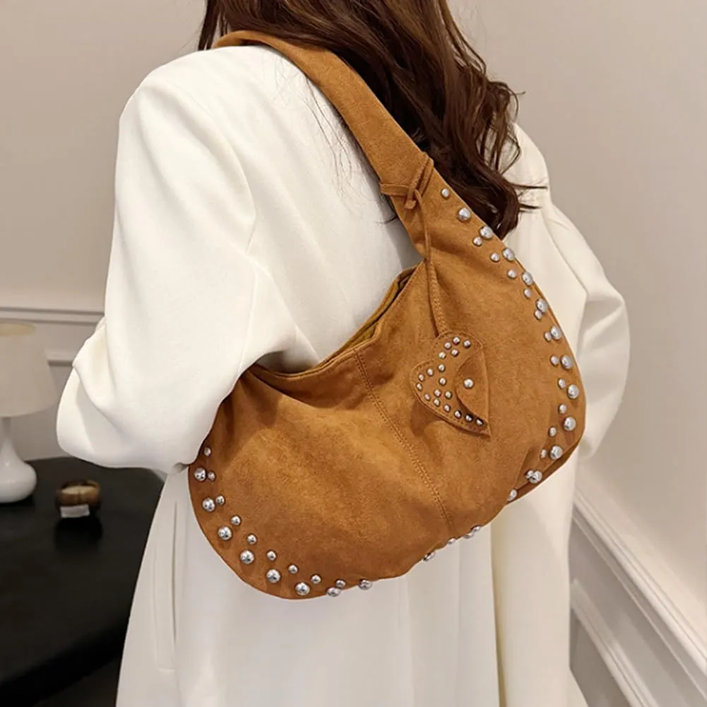 Vintage Suede Y2k Shoulder Bag - Studded Purses Vegan Leather for Fall