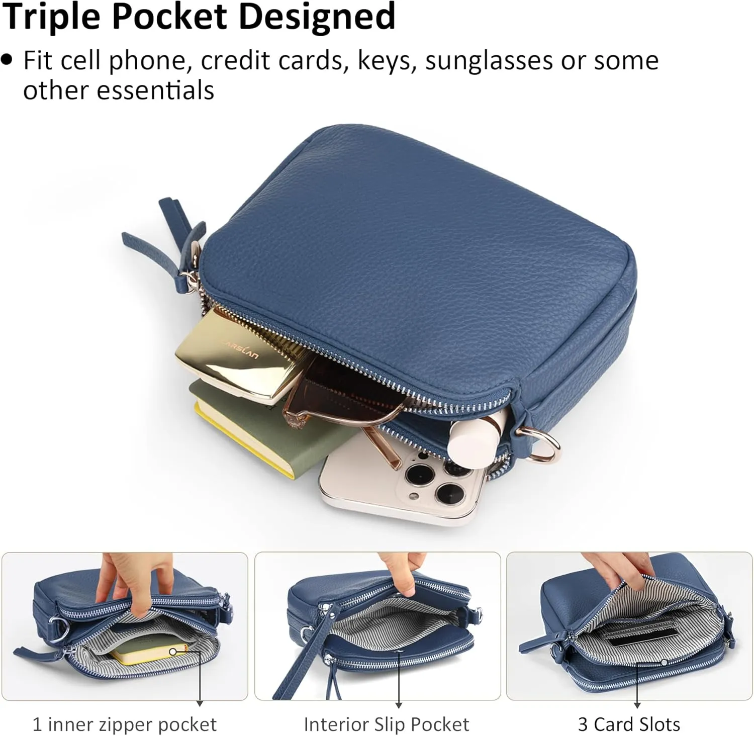 VONAL Leather Crossbody Purse for Women Triple Pockets Designed Shoulder Bag