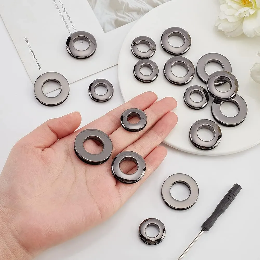 WADORN 18pcs Alloy Eyelets Grommets, Metal Screw-in Together Eyelets 10.5/13.8/16mm Round Grommet Snap Hole O-Ring Bag Loop Connector for DIY Handbag Clothes Curtain Leathercraft Making, Gunmetal