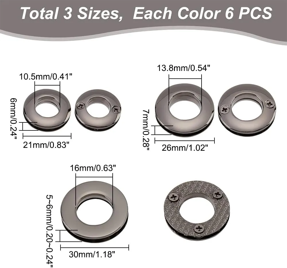 WADORN 18pcs Alloy Eyelets Grommets, Metal Screw-in Together Eyelets 10.5/13.8/16mm Round Grommet Snap Hole O-Ring Bag Loop Connector for DIY Handbag Clothes Curtain Leathercraft Making, Gunmetal