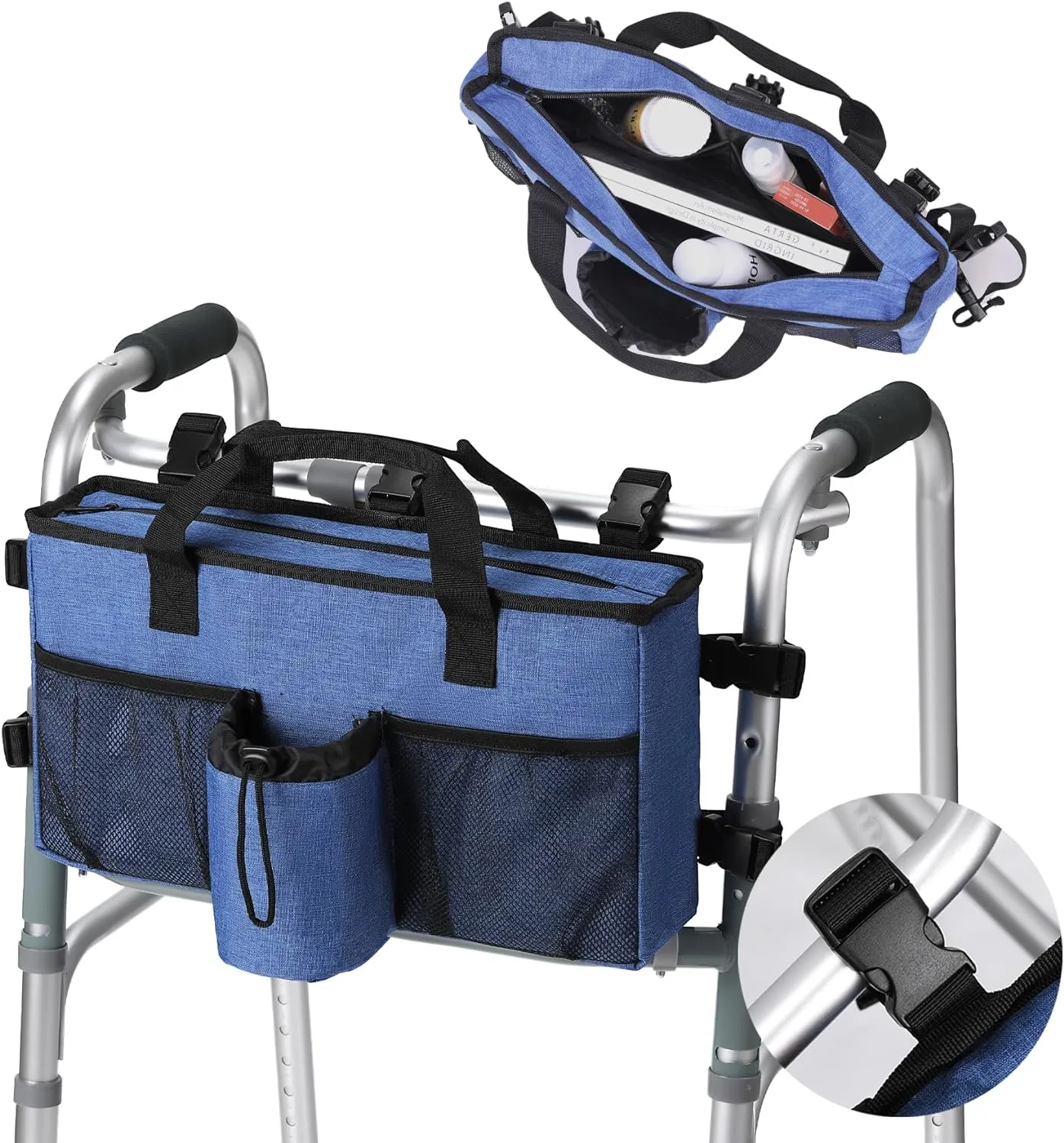 Walker Accessories for Folding Walker with Cup Holder,Pocket, Organizer Carry Storage Pouch Bag Buckle (Blue)