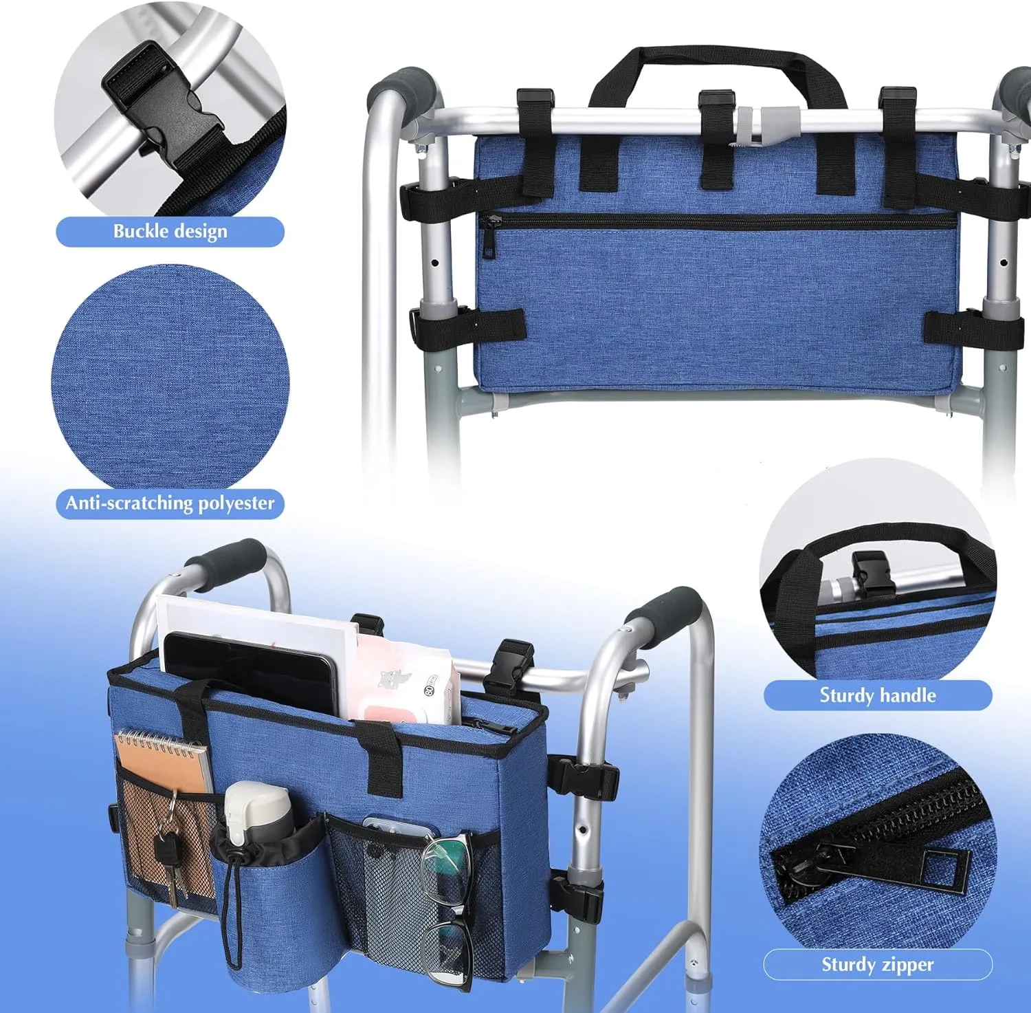 Walker Accessories for Folding Walker with Cup Holder,Pocket, Organizer Carry Storage Pouch Bag Buckle (Blue)