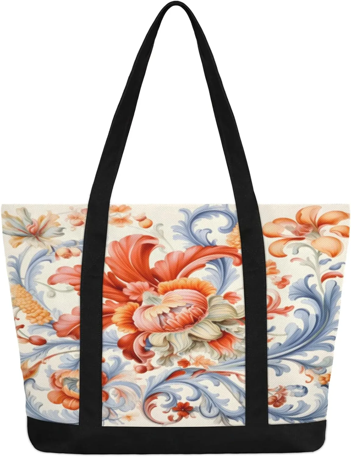 Watercolor Blue Wildflower Canvas Tote Bag Casual Shoulder Handbag Large Shopping Bags With 5 Pocket