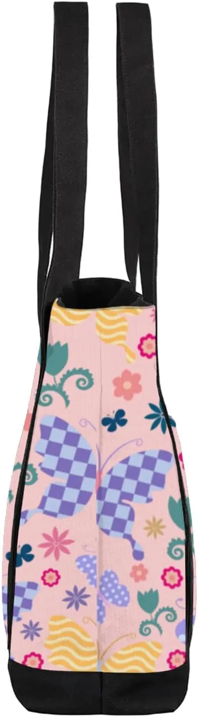 Watercolor Blue Wildflower Canvas Tote Bag Casual Shoulder Handbag Large Shopping Bags With 5 Pocket