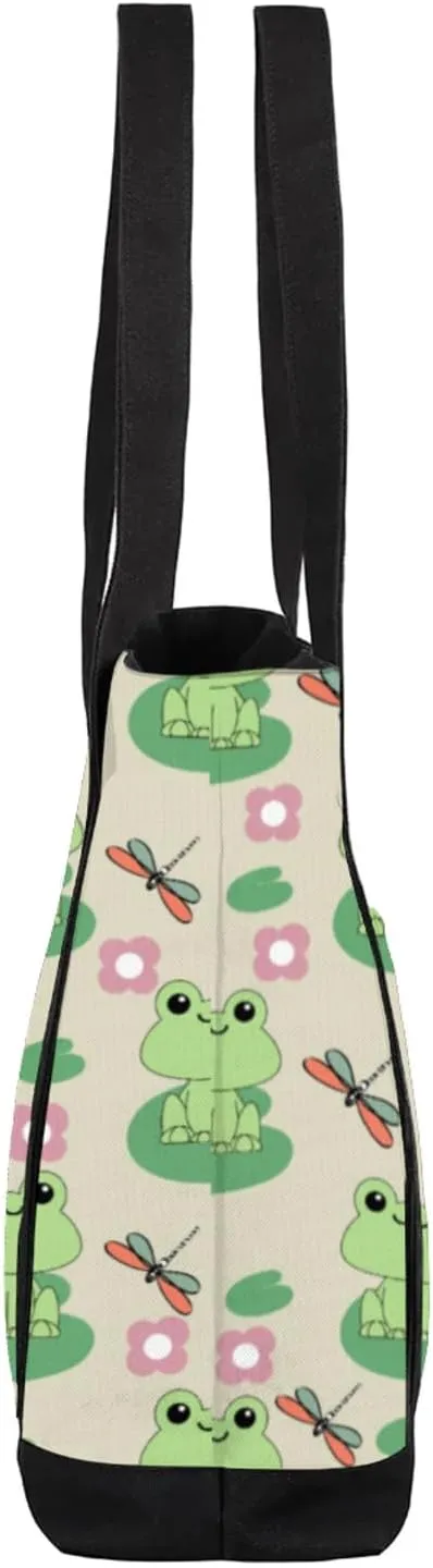 Watercolor Blue Wildflower Canvas Tote Bag Casual Shoulder Handbag Large Shopping Bags With 5 Pocket